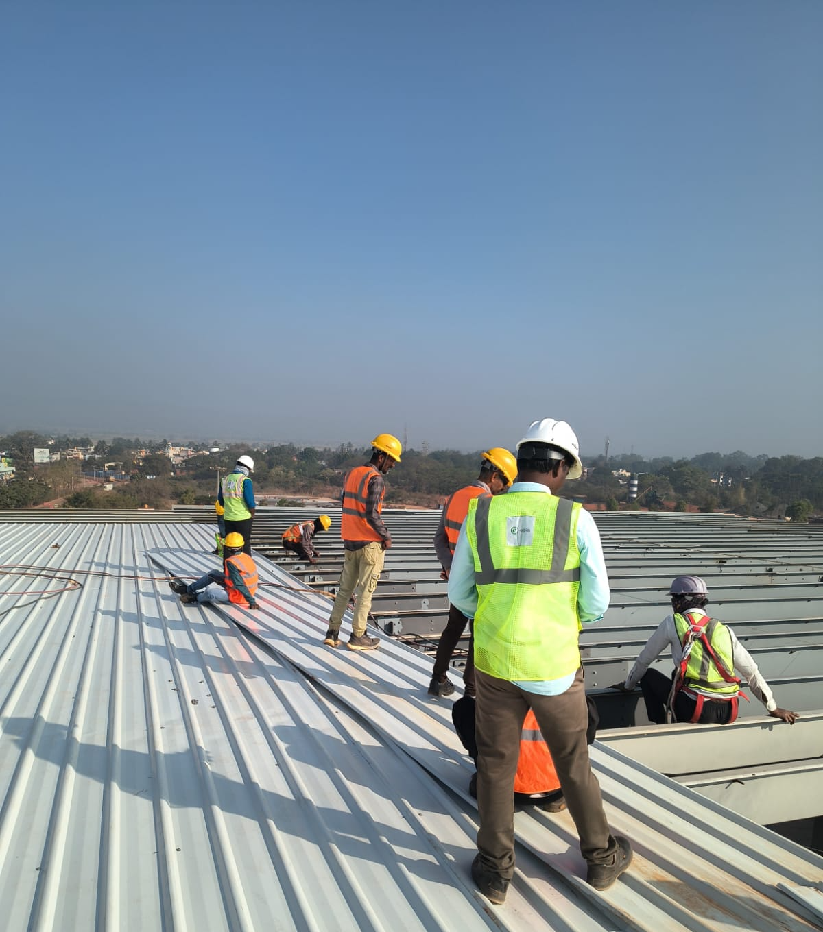 Roof sheeting crew in harnesses and high-visibility vests